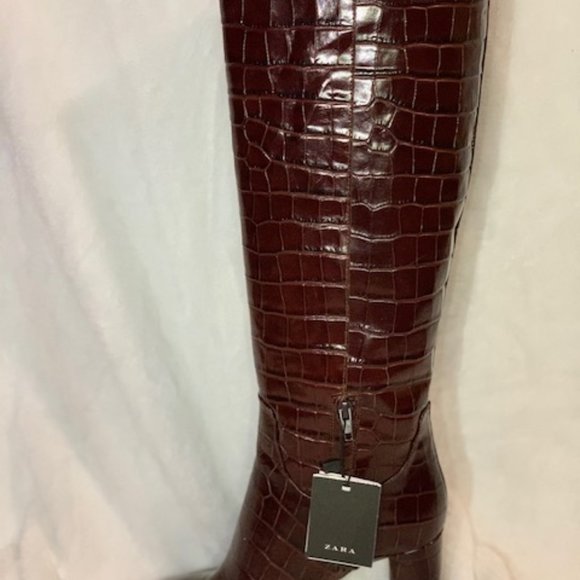 ZARA BROWN THIGH HIGH LEATHER HEELED BOOTS - Picture 2 of 2